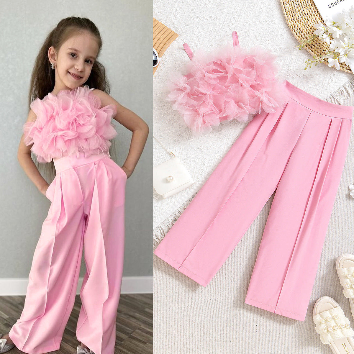 Girls Floral Mesh Vest and Pants