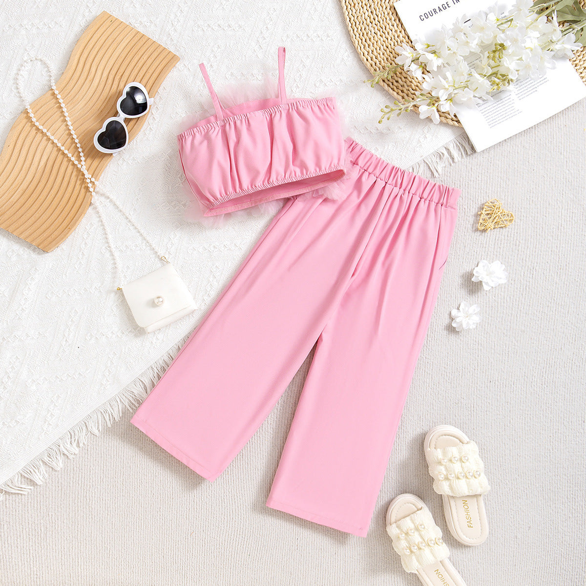 Girls Floral Mesh Vest and Pants